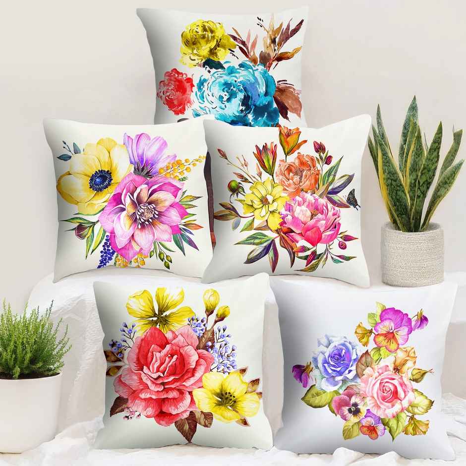 Story@Home Red & Blue Floral Polyester 5 Units of Helio Cushion Covers