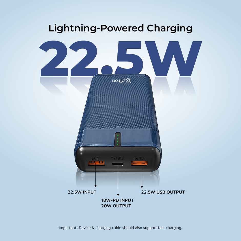 pTron Dynamo Surge 20000 mAh 22.5W Power Bank | 20W Type C/Pd Fast Charging | 3 Outputs/1 Input - Blue