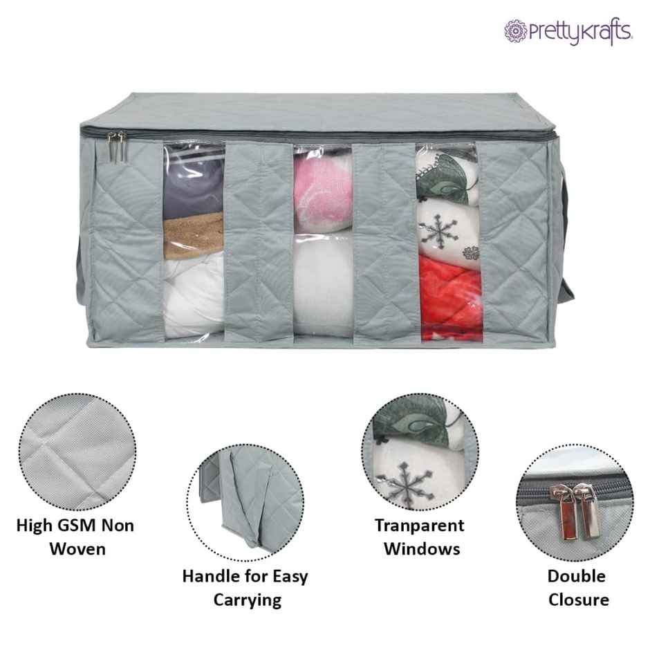 Prettykrafts Underbed Fabric Storage Box With 3 Partitions | Grey | Rectangular | Pack of 2