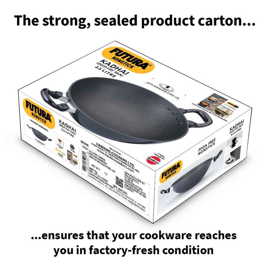 Hawkins Futura 2.5 Litre Deep Fry Pan Non Stick Kadai With Stainless Steel Lid Round Bottom - Black