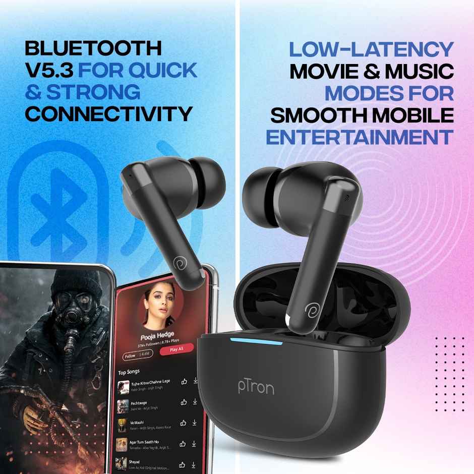 pTron Bassbuds Duo Pro TWS Earbuds | AI-ENC Calls | 38H Playtime | 50ms Low Latency | MovieMusic Mode - Black