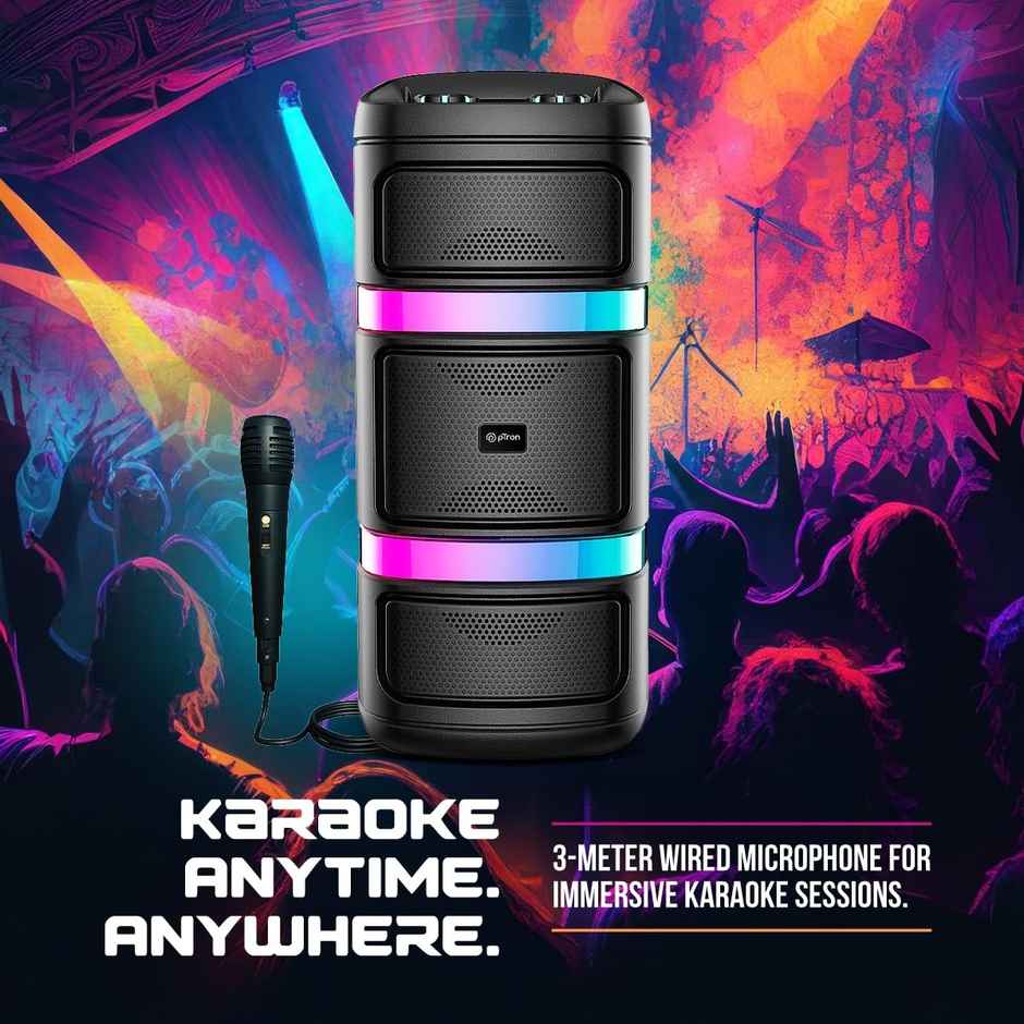 pTron Fusion Quad v2 40W Bluetooth Karaoke Party Speaker | RGB Light | 6Hrs Playtime - Satin Black