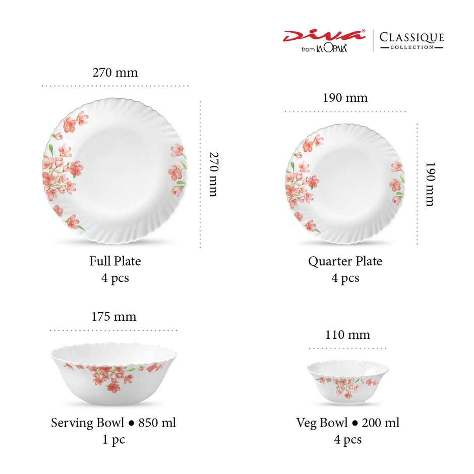 La Opala Diva Classique Dinner Set | Opal Glass Crockery for Dining | 13 Pcs - Aster Pink