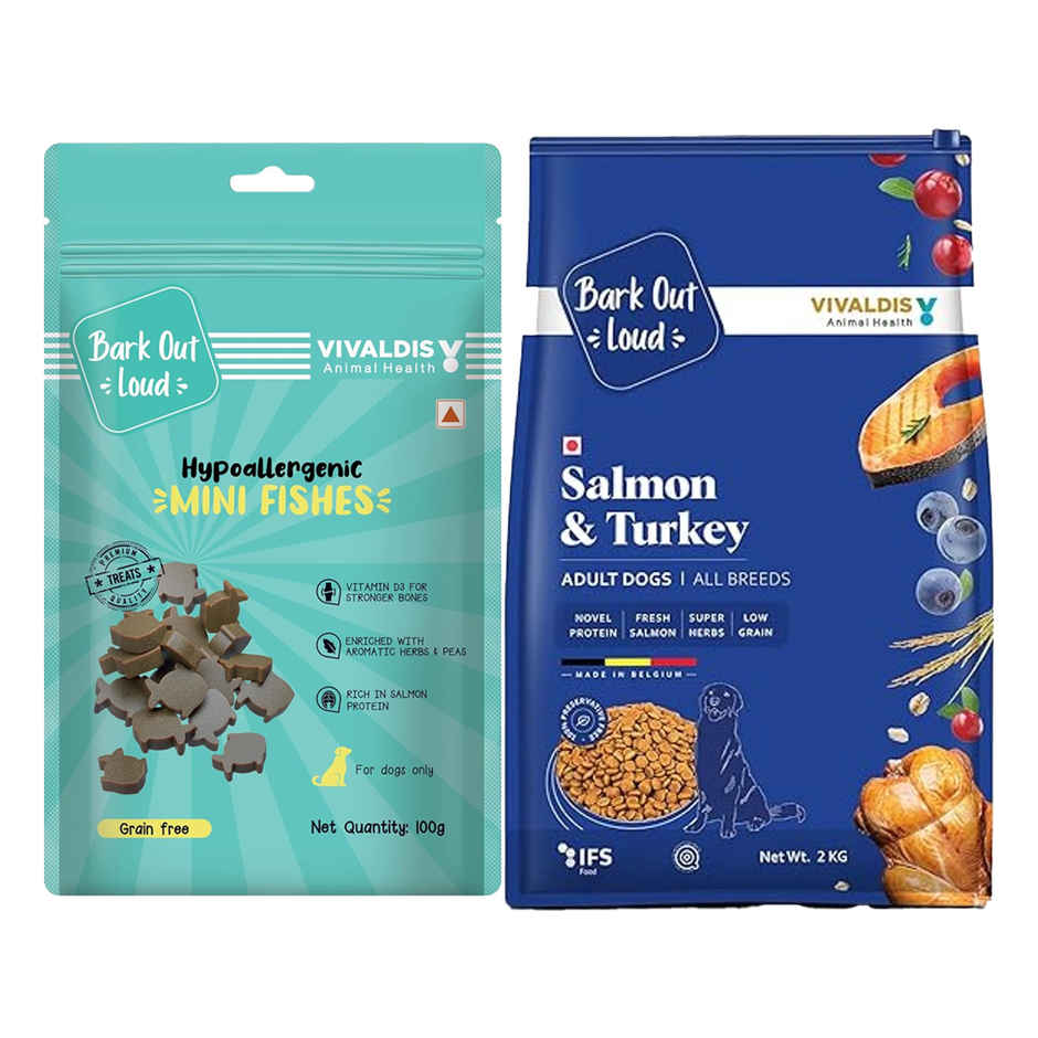 Bark Out Loud | Salmon And Turkey Dog Food For Medium / Large Breed (2kg) & Bark Out Loud Mini Fishes Dog Treats - No Grain & Hypoallergenic Snack For Dogs (100g) Combo