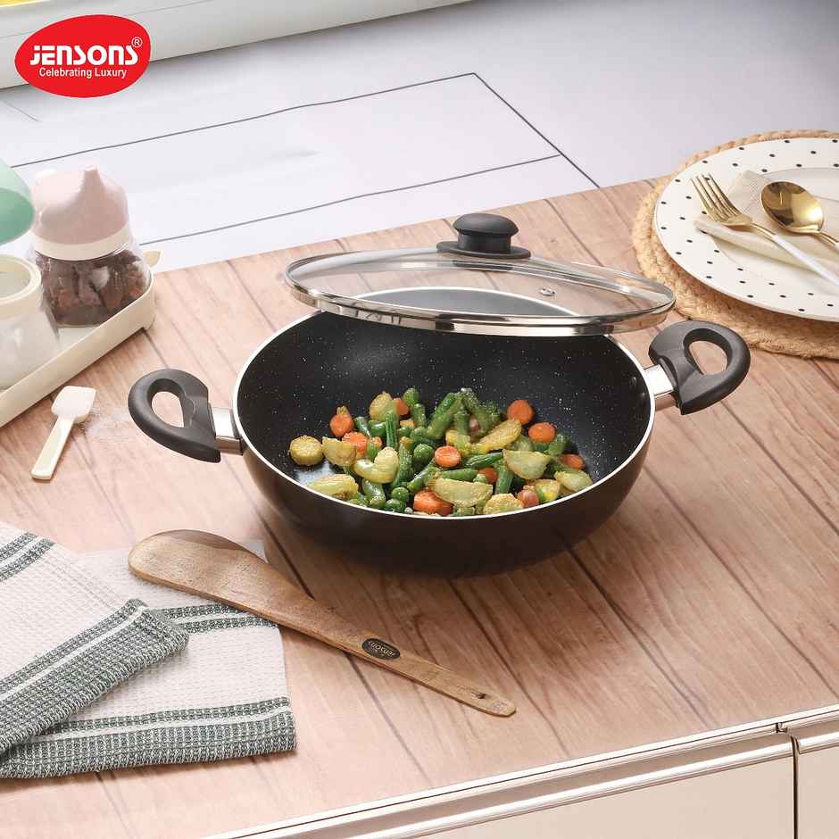 Jensons Cuisine Non-Stick 2 L Kadhai with Glass Lid, 24cm Marble Texture Induction Compatible