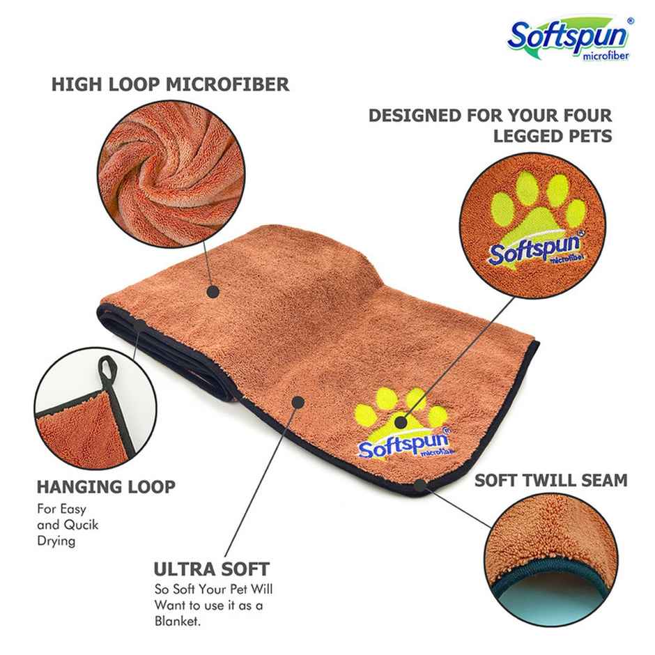 Softspun Microfiber Pet Towel (Medium, 380 GSM, 60x120cm, 1pc, Brown)