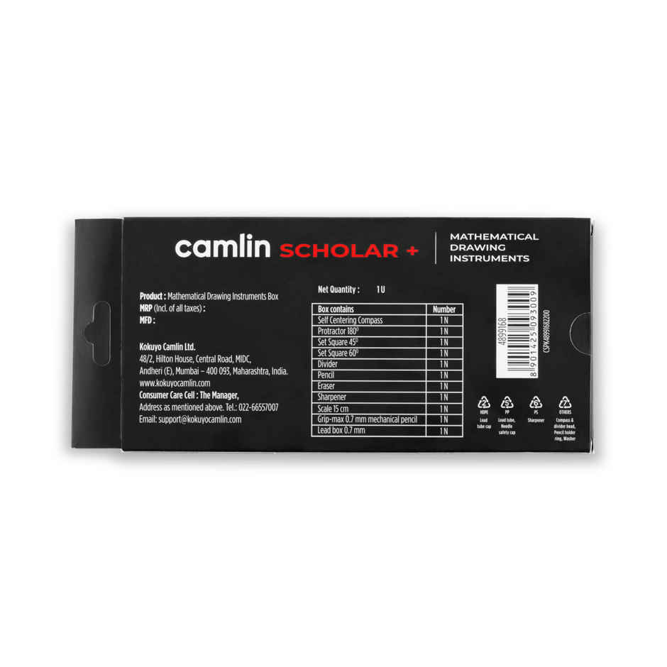Camlin Scholar Plus Geometry Box | Self-Centering Compass - Black