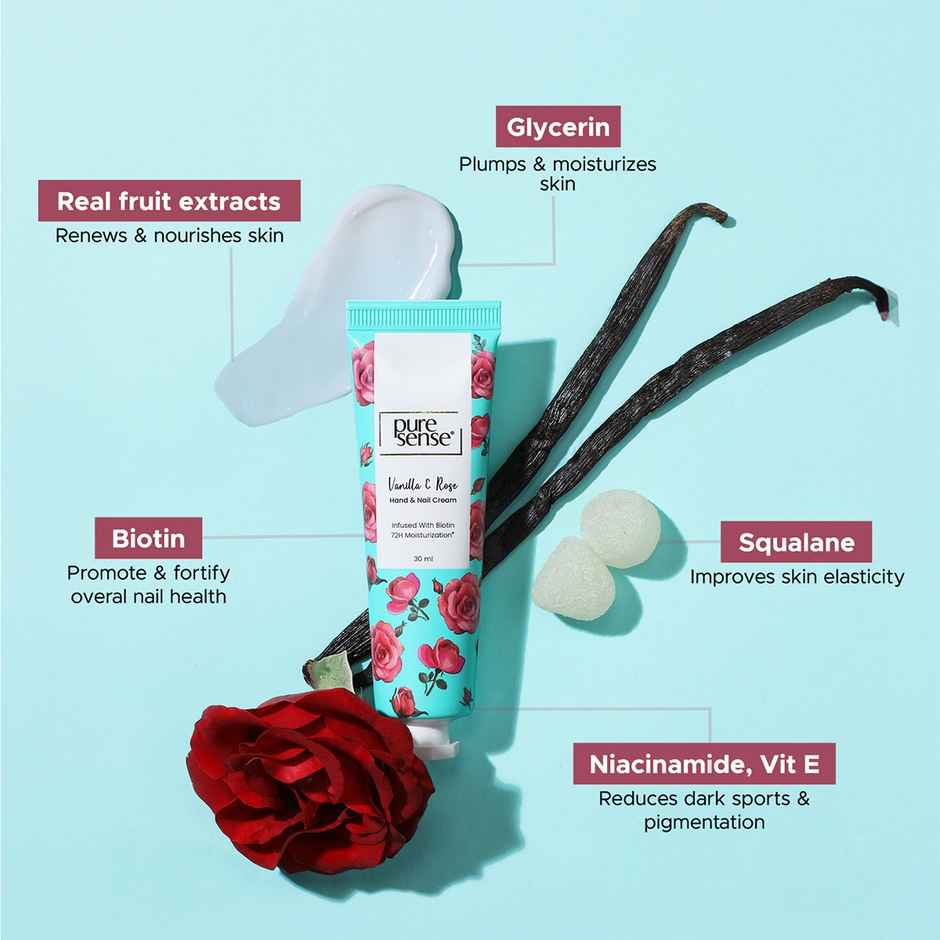 Puresense Vanilla & Rose Non-Sticky Hand And Nail Cream Infused With Biotin, Glycerin