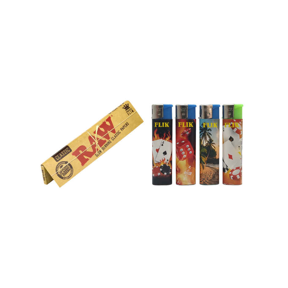 Raw Classic Rolling Paper King Size Slim - 32 Leaves/Pack (1pc) & Flik Non-Refilable Smart Lighters | Assorted (1pc) Combo