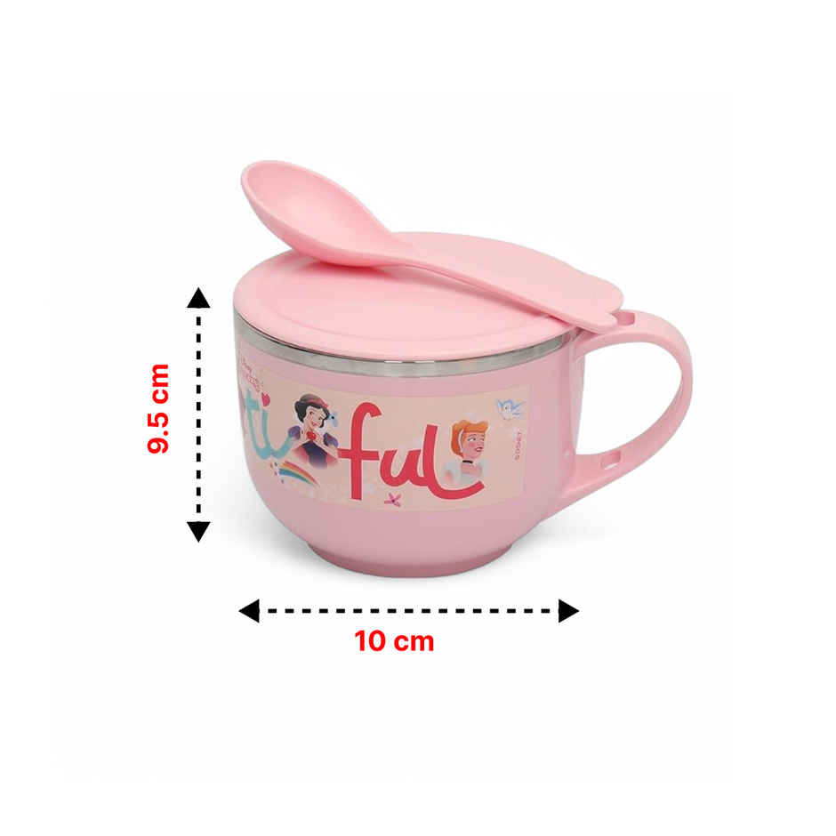 Jaypee Plus Stainless Steel Disney Princess Souptok Prime Soup & Noodles Bowl With Lid Spoon, Pink