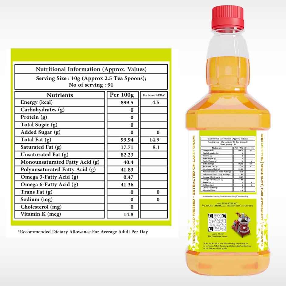 Indic Wisdom White Sesame (Til-Gingelly) Wood Cold Pressed Oil - Extracted on Wooden Churner