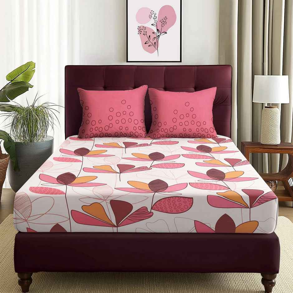 Story@home Double Cotton 152 TC Floral Flat Bedsheet | Baby Pink | 98 x 89 in