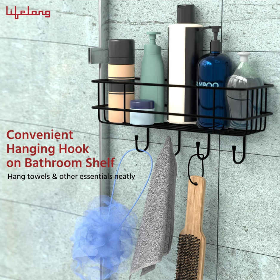 Lifelong Bathroom Shelf For Storage - Wall Mounted Washroom Rack Towel Holder Pack Of 2 - Black