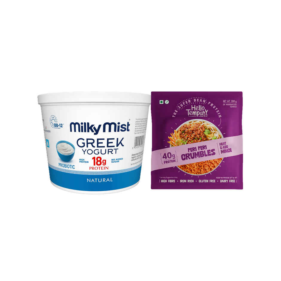 Milky Mist Greek Yogurt (225g) & Hello Tempayy 40G Protein Tempeh Crumbles | Peri Peri | Heat & Add (200g) Combo
