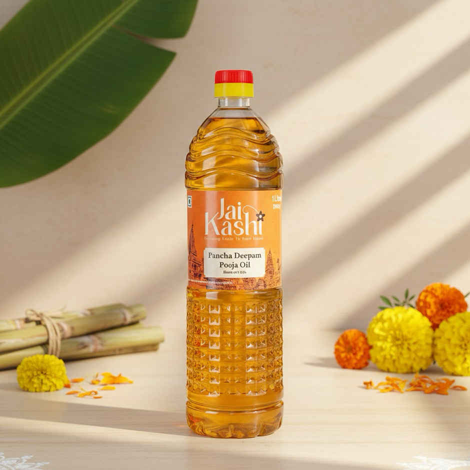 Betel Leaves (Paan) (10pc) & Jai Kashi 3 In 1 Premium Incense Stick (150g) & Jai Kashi Pancha Deepam Pooja Oil (1l) & Jai Kashi Pure Camphor (50g) & Jai Kashi Janeu (4pc) & Jai Kashi Round/ Flower Cotton Wicks (200pc) Combo