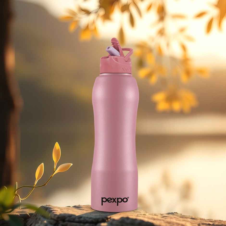 Pexpo Stainless Steel Belly Water Bottle With Straw Lid Sipper Cap Easy Grip | Rose Gold | 1 L