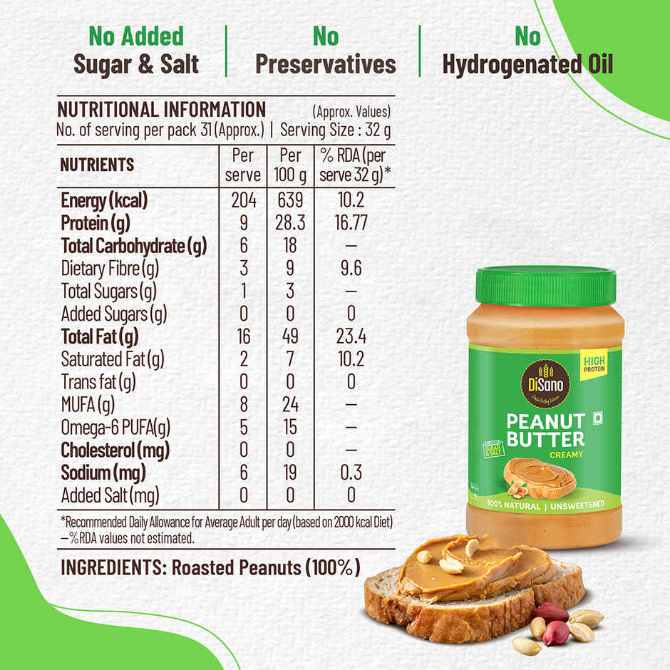 DiSano Natural Peanut Butter - Creamy, Unsweetened, 28.3% Protein, No Added Sugar,Pure Peanut