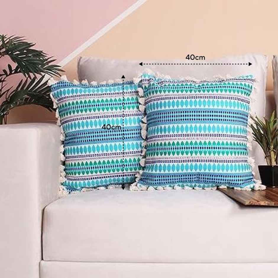 STITCHNEST Acrylic Striped Cushion Cover with Lace Set of 2 (16 x 16 Inches)