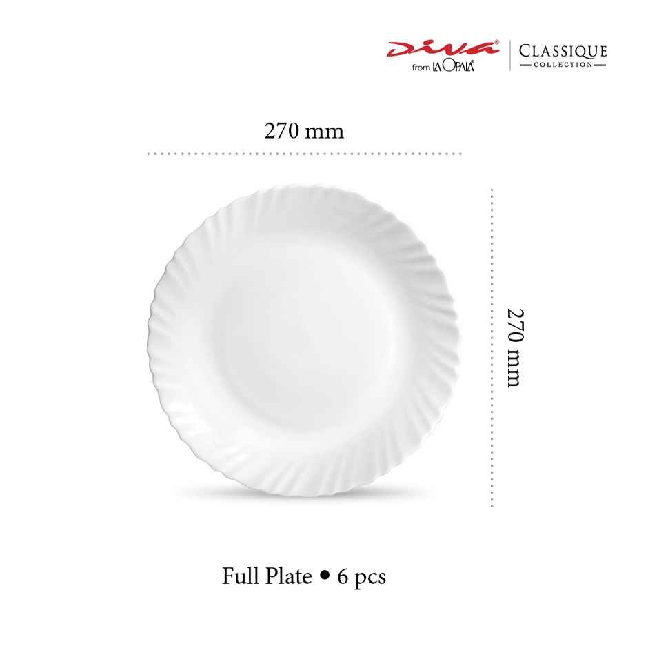 La Opala Diva Classique Dinner Plate | Opal Glass Full Plate for Dining | Set of 6 - White