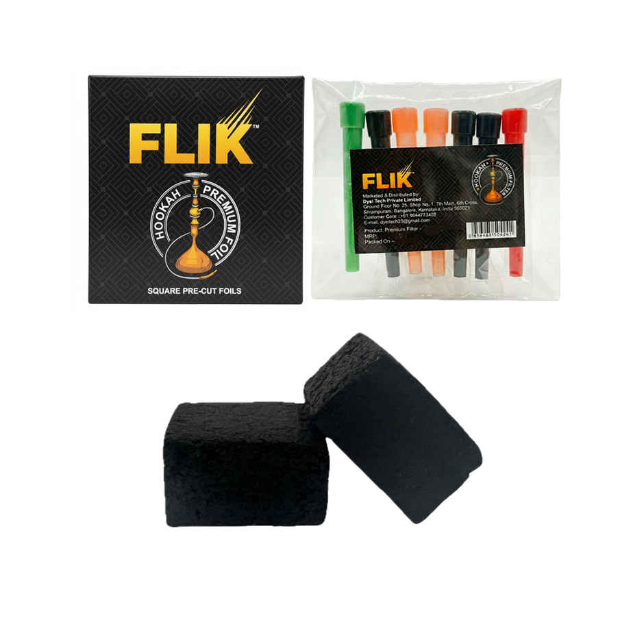 Flik Premium Pre-Cut Hookah Foil (1pc) & Flik Premium Hookah Filters (1pc) & Stash- Pro Coconut Coal (30pc) Combo