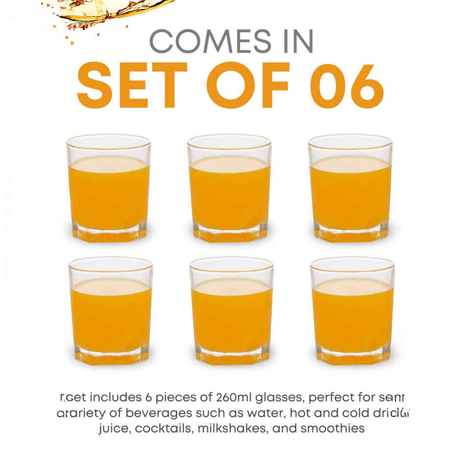 Yera Premium 260 ml Whisky Tumblers Set 6 pcs | Durable Glassware