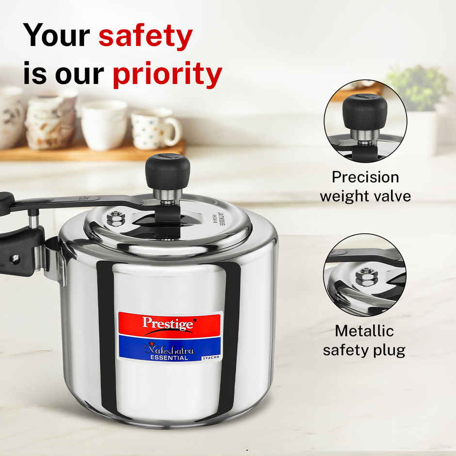 Prestige Nakshatra Essential Svachh SS Pressure Cooker 3L,Triply Base,Safety Plug,5Y Warranty,Silver