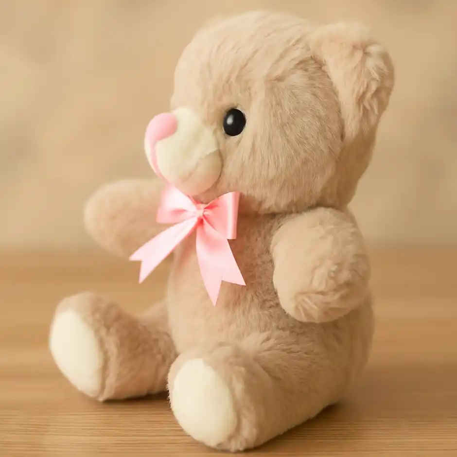 Fablue Cute Beige Fur Teddy Bear with Pink Bow Plush Toy for Kids