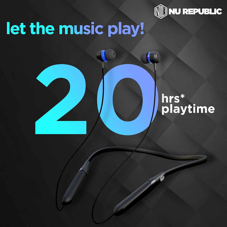 Nu Republic Jive J2 Bluetooth Neckband with Upto 20 hrs Playtime, X-Bass Technology, Calling Mic, Fast Charging & Pairing Earphones - Blue & Black