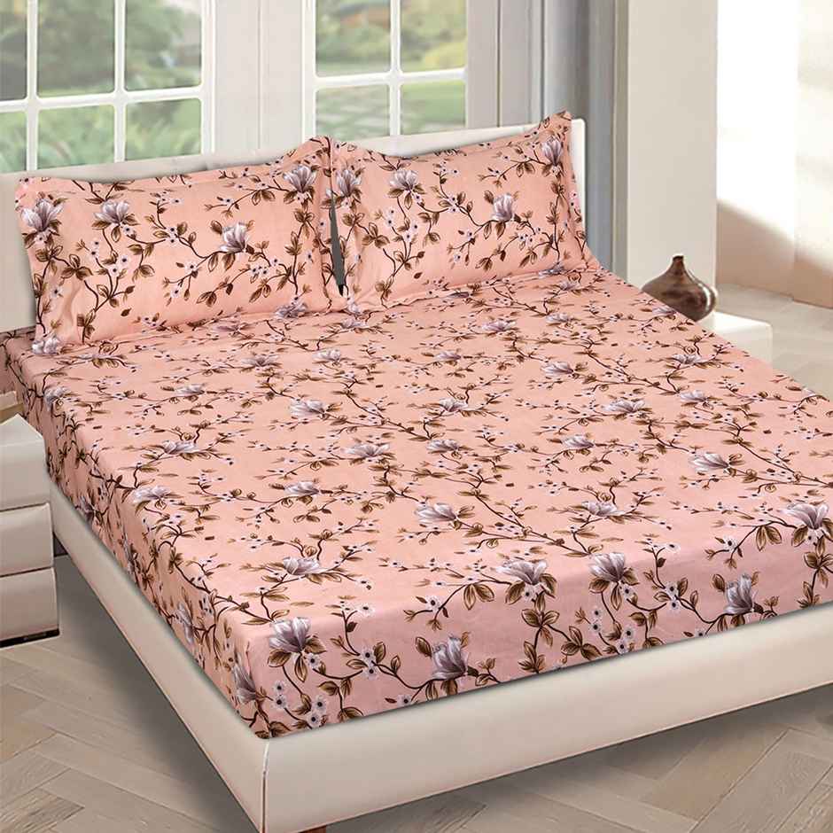 Romee Peach Floral Printed Microfiber Floral Double Bedsheet Queen Size 150 TC | 2 Pillow Covers