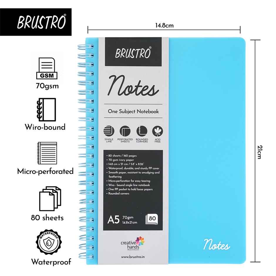 Brustro Notes A5 Size 1 Subject Ruled Notebook | 70 Gsm | 160 Ivory Papers | 21 x 14 cm | Aqua Cover
