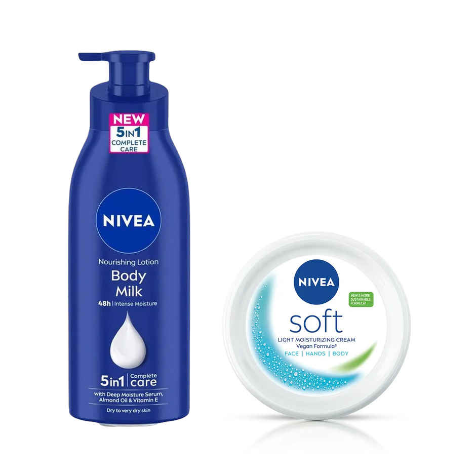 Nivea Nourishing Body Lotion Body Milk|48 H Moisturization|2X Almond Oil|For Very Dry Skin (400ml) & Nivea Soft Light Moisturizer For Face, Hand & Body, Non-Greasy Cream For Instant Hydration (300ml) Combo