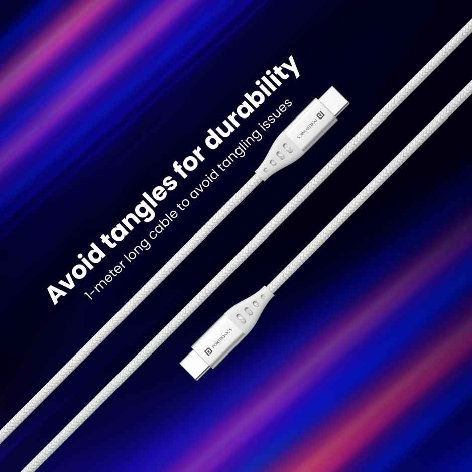 Portronics Konnect C1 20W PD Type C to Type C Unbreakable Data & Charging Cable, Nylon Braided with Metal Heads, 1M Length - White