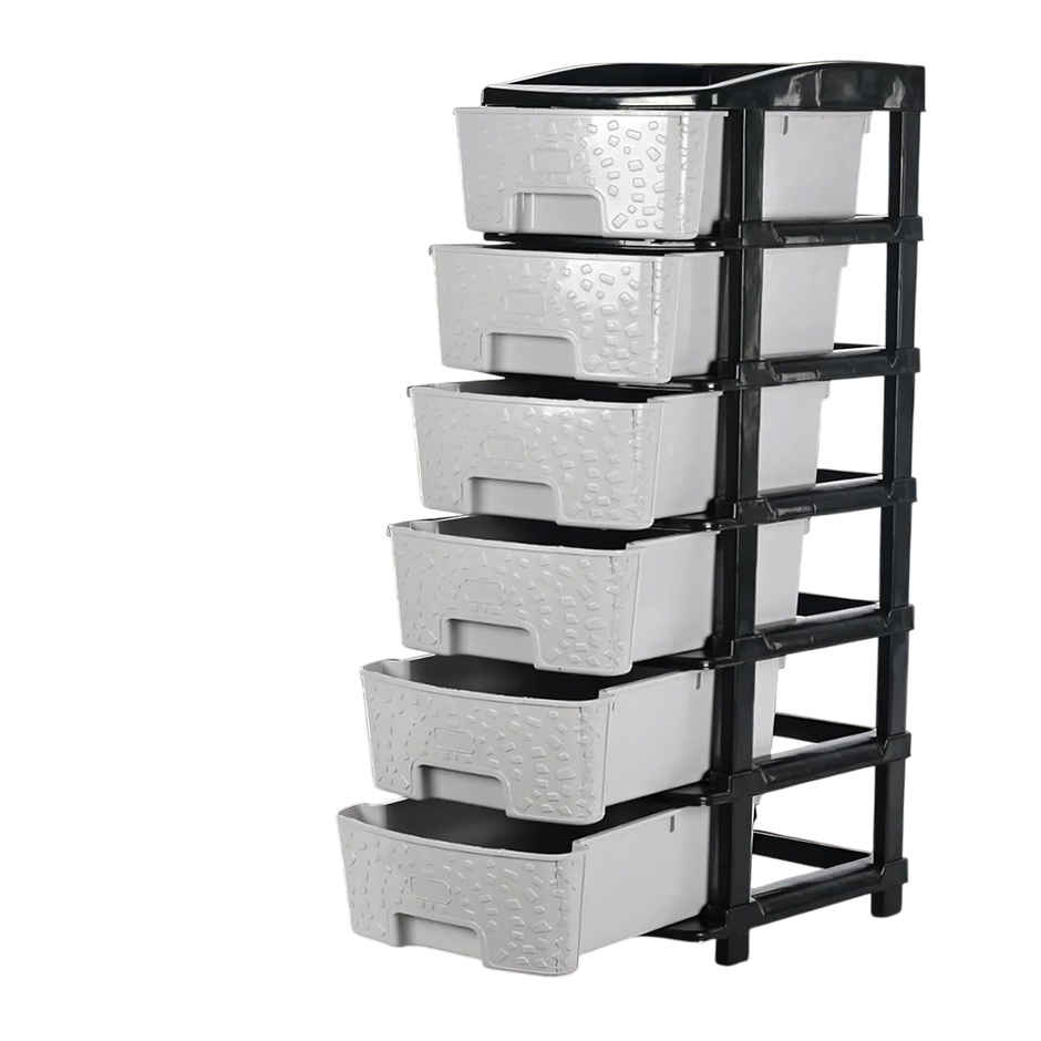 Kuber Industries Modular 6-Layer & 63 L Plastic Drawer Storage Organiser | Black & Grey
