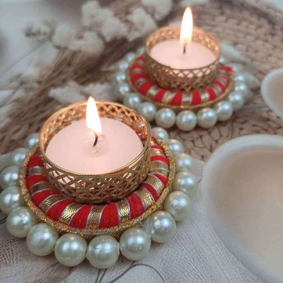 Gota And Pearls T-Light Holders | Pack Of 2 | Metal and Plastic | Assorted | Gullak