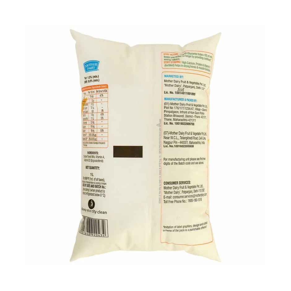 Mother Dairy Double Toned Live Lite Fresh Milk | Pouch