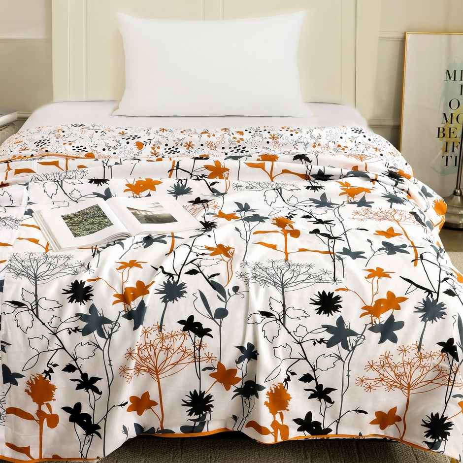 Story@home Floral Single Dohar/Duvet Cover (220x144x2 cms) - White & Orange Floral