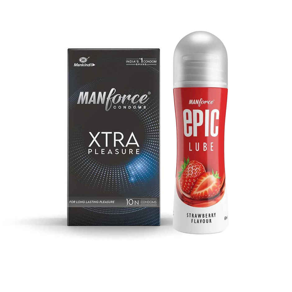 Manforce Xtra Pleasure Climax Delay Dotted Condom (1pc) & Manforce Epic Lube Strawberry Flavored Lubricating Gel For Men And Women Water Based Skin Friendly (60ml) Combo