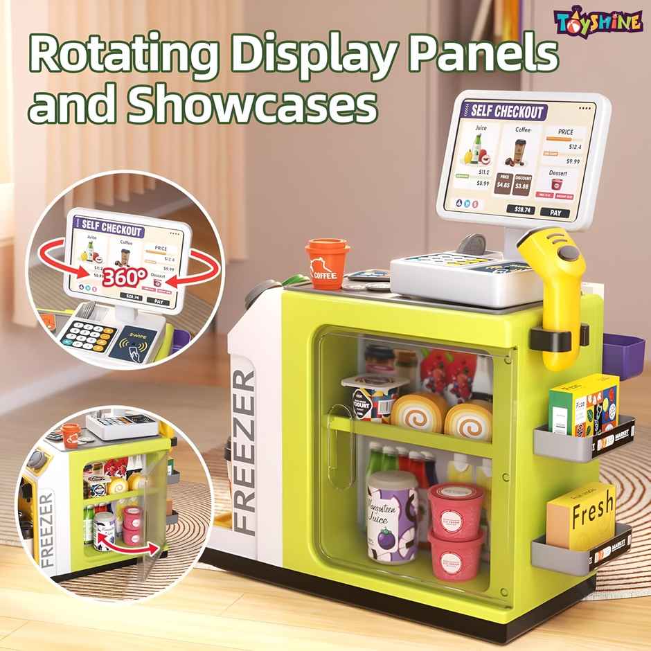 Toyshine Supermarket Cash Register Playset with Calculator Scanner & Play Food | 46 Pcs | 3+ years