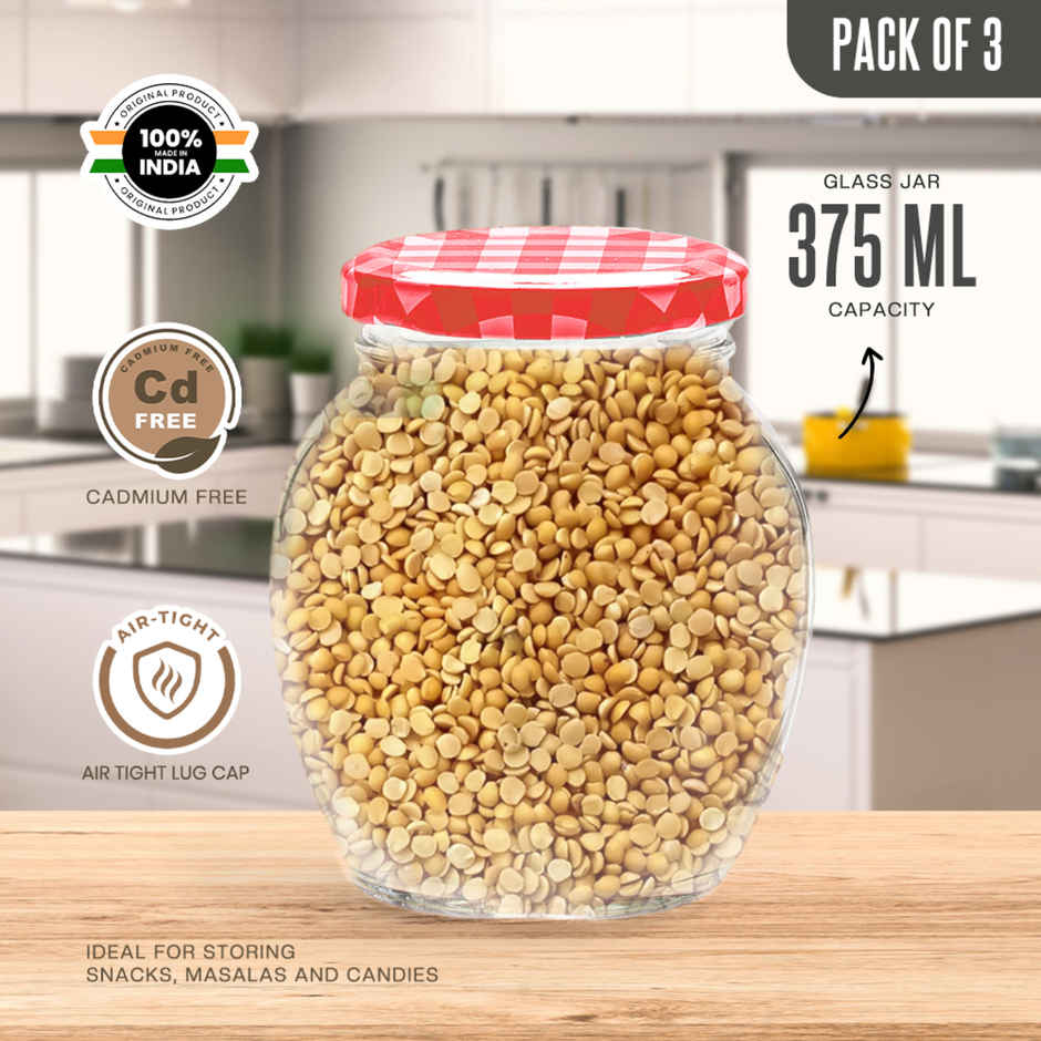 YERA GLASSWARE Lucia Storage Jar Set | Checkered Lids | Red - 375 ml