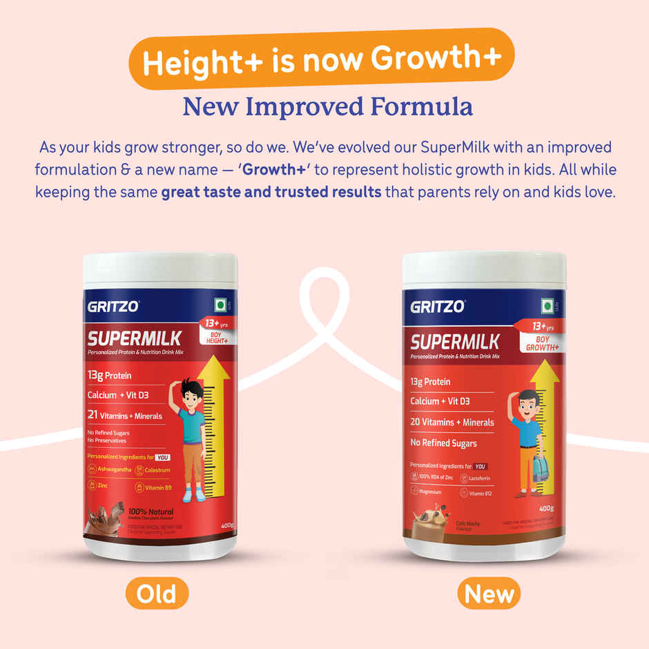 Gritzo Supermilk Growth+ (Formerly Height+) (13+ Yrs Boys) | Double Chocolate, 12 Scoops