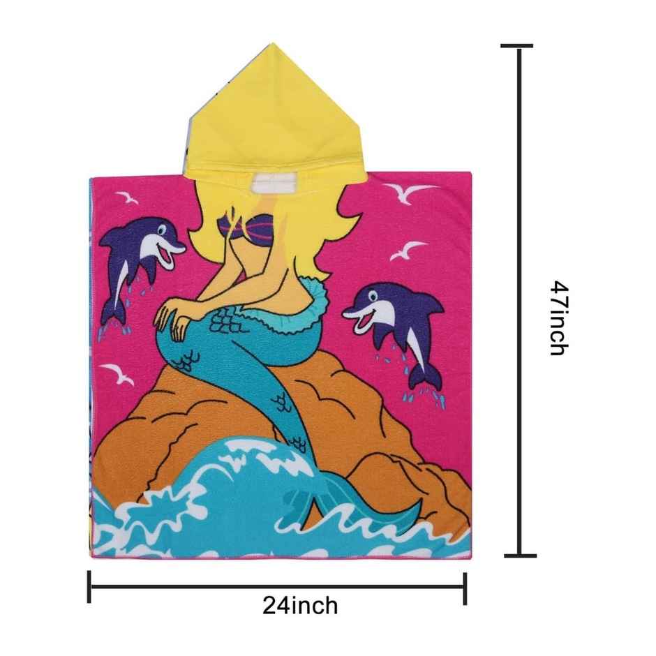 Famyo Hooded Poncho Towel, Pink Mermaid Design for Kids - 1 to 7 Years, 60 x 60 cm