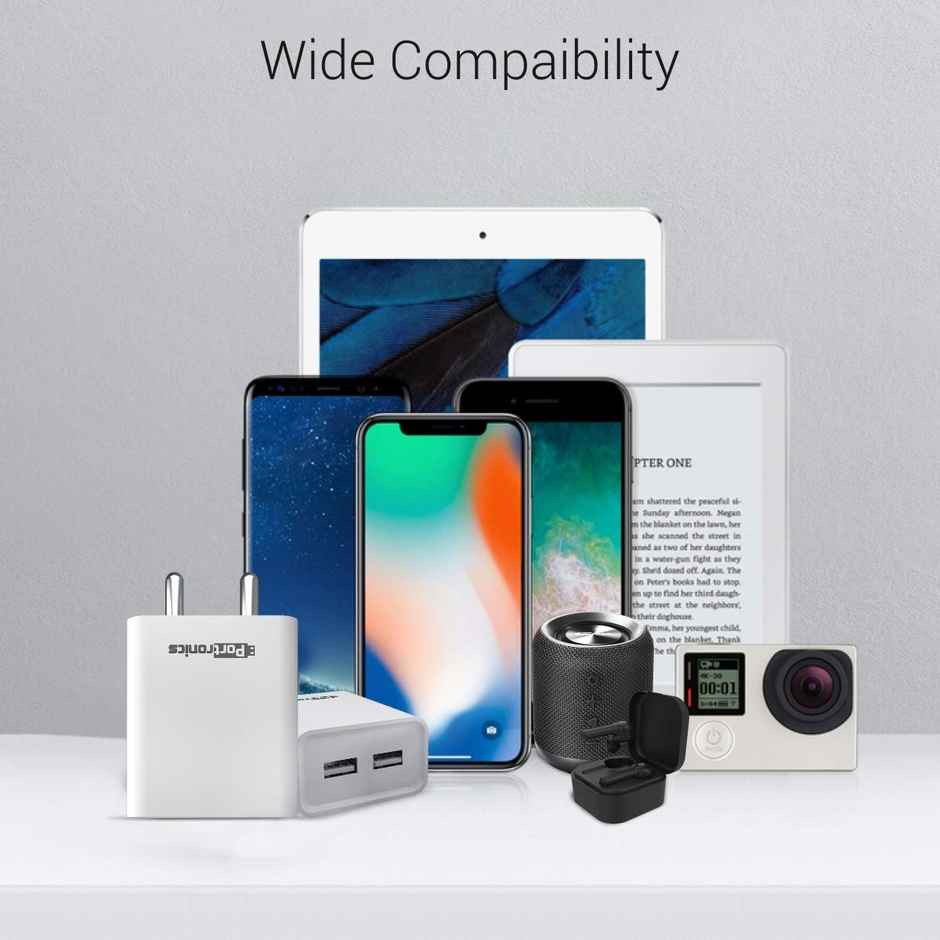 Portronics Adapto 66 2.4A 12w Dual USB Port 5V/2.4A Wall Charger,Comes 1M Micro USB Cable White