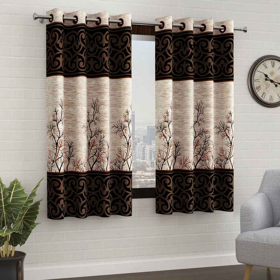 Story@Home 200 GSM Polyester Abstract 2 Piece Window Curtain | Cream & Brown