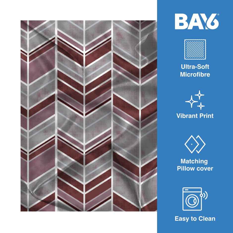 BAY6 Single Microfibre Geometric Print Bedsheet | With Pillow Cover | Maroon & Grey | 59 x 87 in