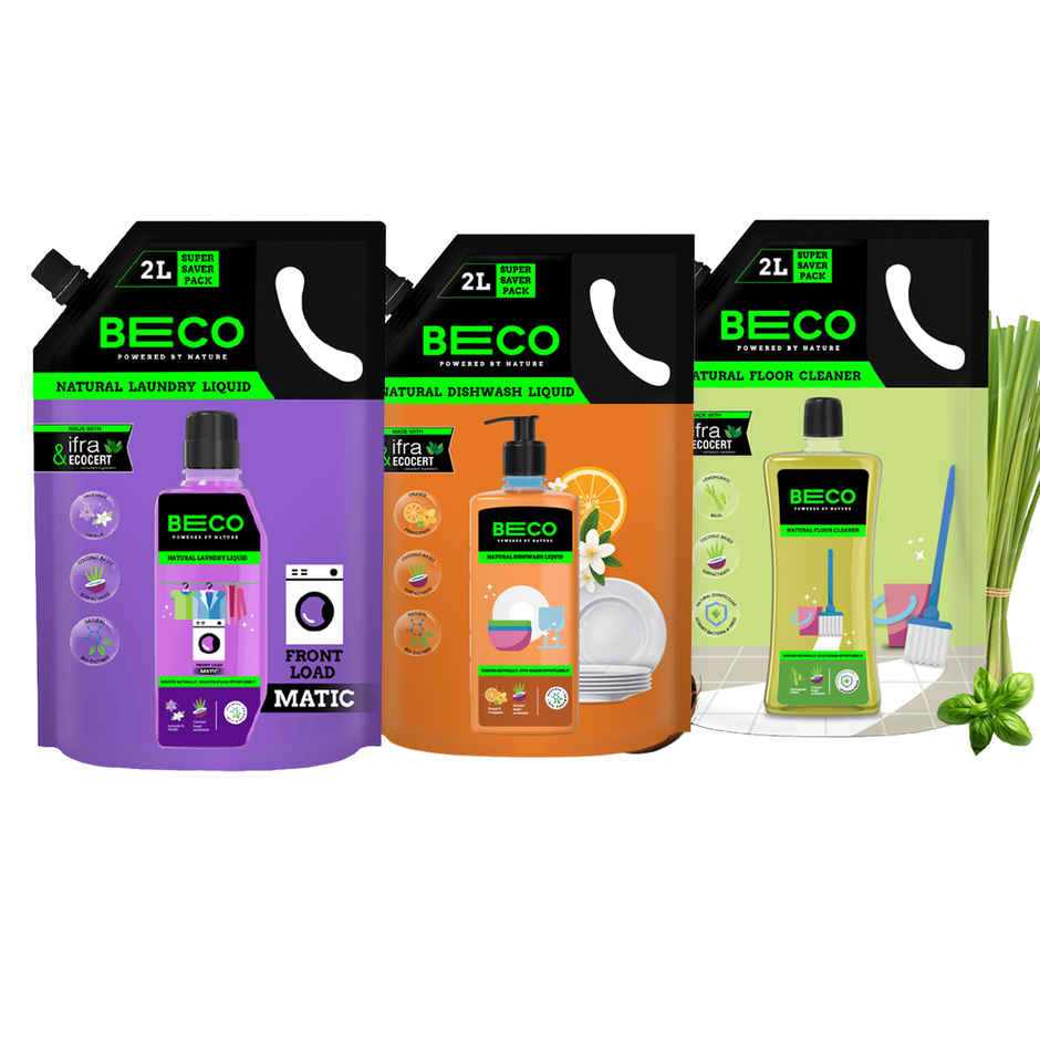 Beco Natural Orange Citrus Freshness Dishwash Liquid Refill (2L) & Beco Lemongrass & Basil Freshness Natural Disinfectant Floor Cleaner Refill Pack (2L) & Beco Front Load Laundry Detergent Liquid Refill (2L) Combo  