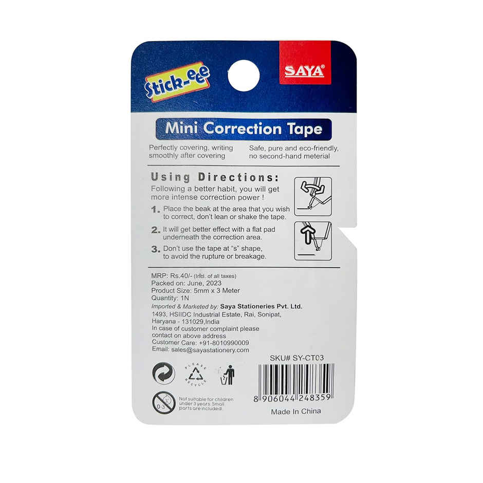 Saya Correction Tape - 3 Meter Roll for Smooth and Instant Correction | Assorted