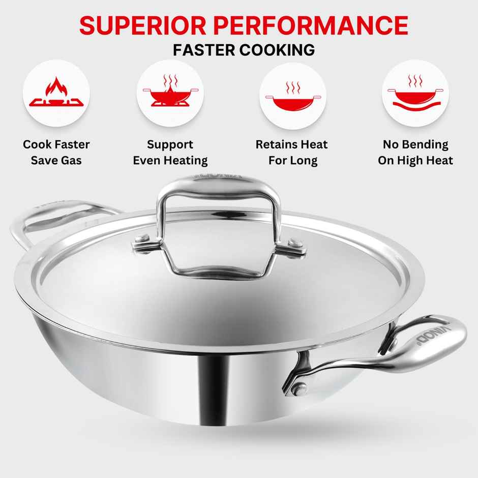 Vinod Platinum Triply Stainless Steel Kadai With Lid - 28 Cm, 3.7 L (Induction Friendly)