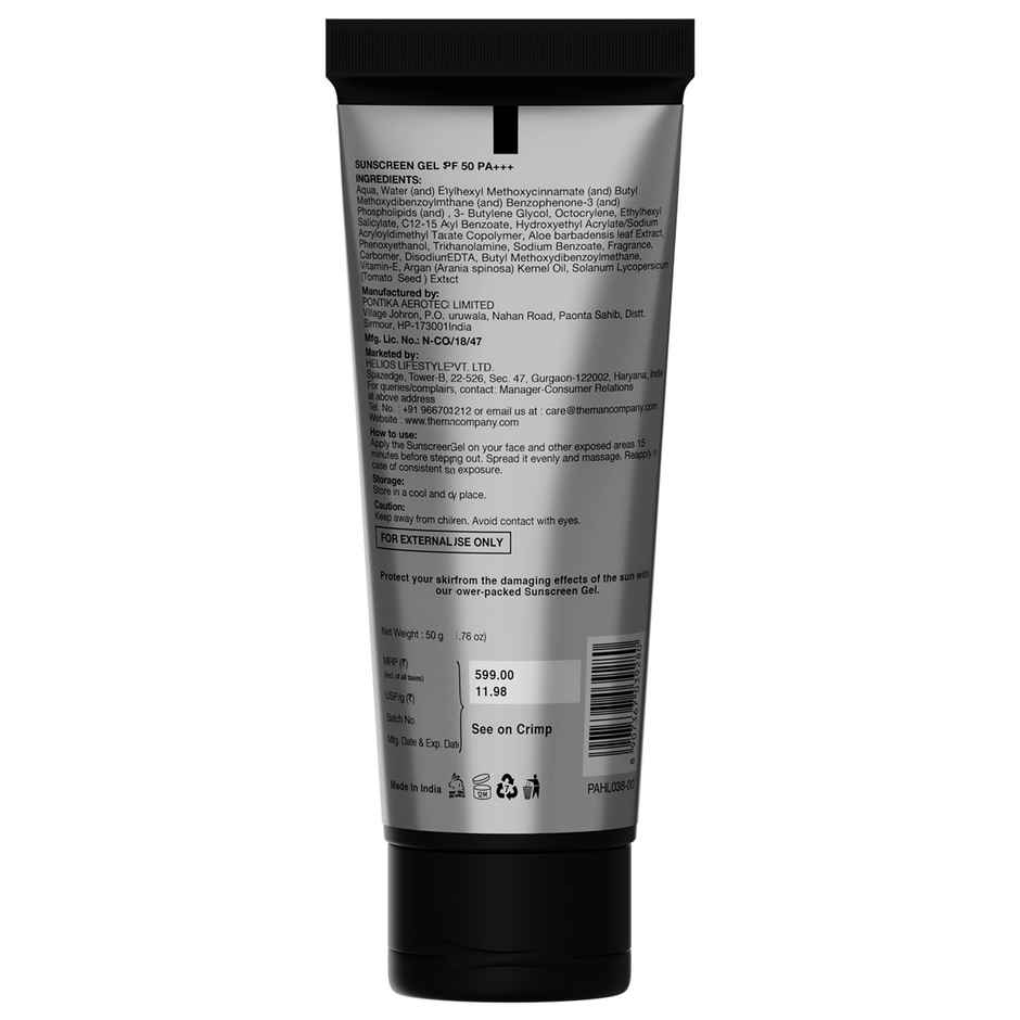 The Man Company Oil-Free Sunscreen Gel SPF50 PA+++ For Men | for Oily, Combination & Normal Skin | UV A/B Protection | No White Cast | Non-Greasy & Lightweight