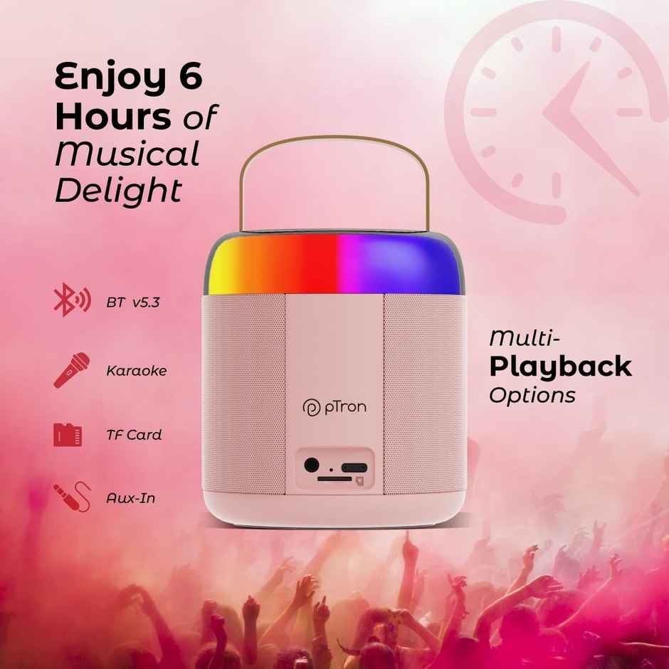 pTron Fusion Bliss 16W Bluetooth Speaker | Wireless Karaoke Mic | RGB Lights | 6Hrs Playtime - Pink