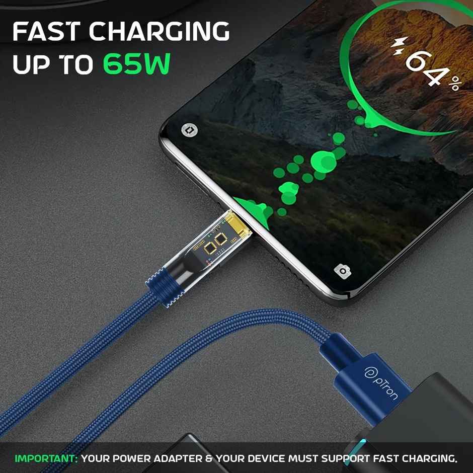 pTron Solero 65W USB to Type-C Fast Charging USB Cable Compatible with Samsung,OnePlus,Oppo,Vivo,Xiaomi,Realme & Other Type-C Devices, Unbreakable 1M Nylon Braid, 480Mbps Data Sync Speed - Blue